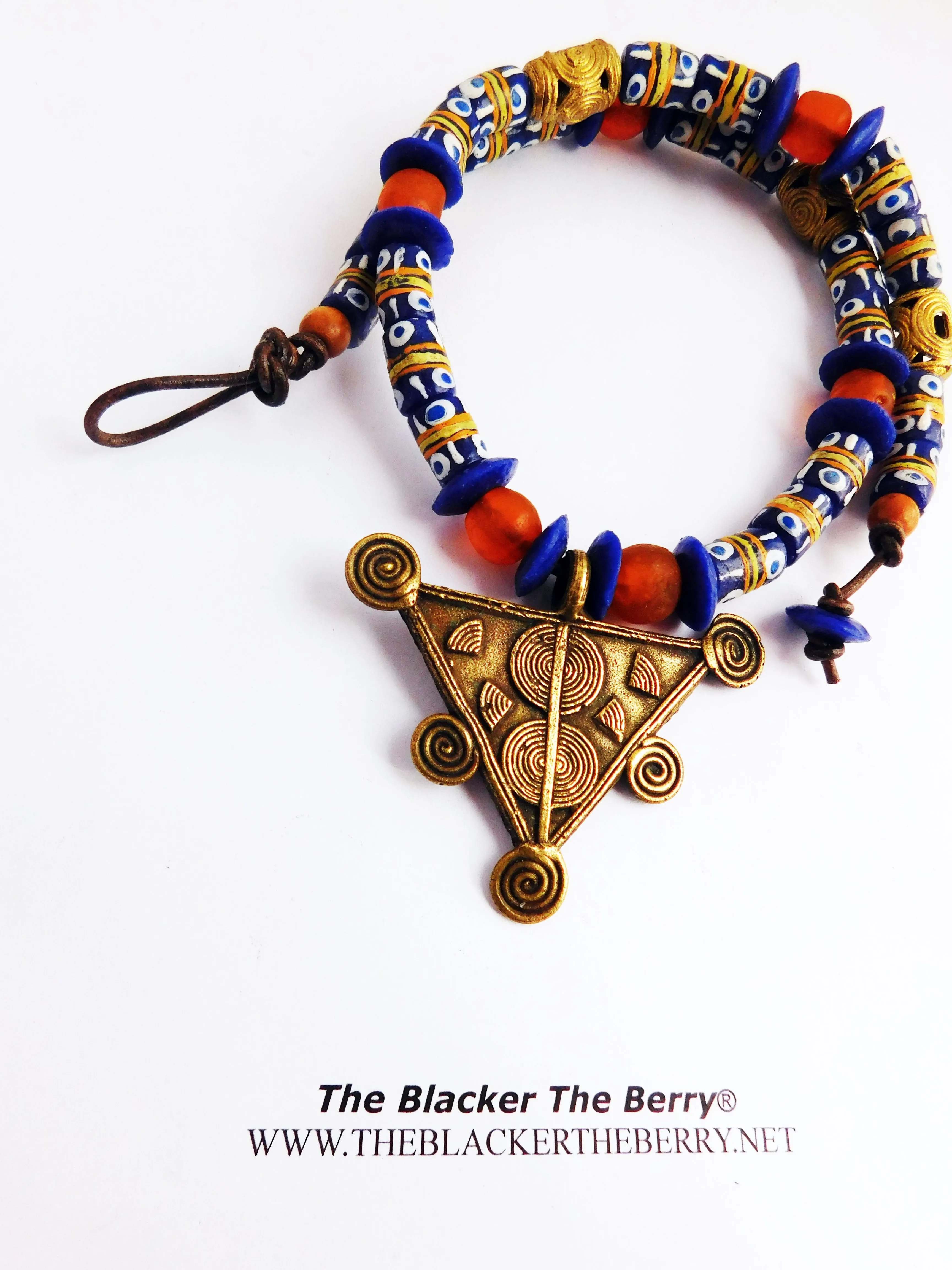 African Necklaces Triangle Jewelry Beaded Blue Orange Handmade