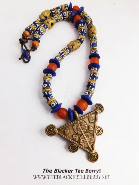 African Necklaces Triangle Jewelry Beaded Blue Orange Handmade