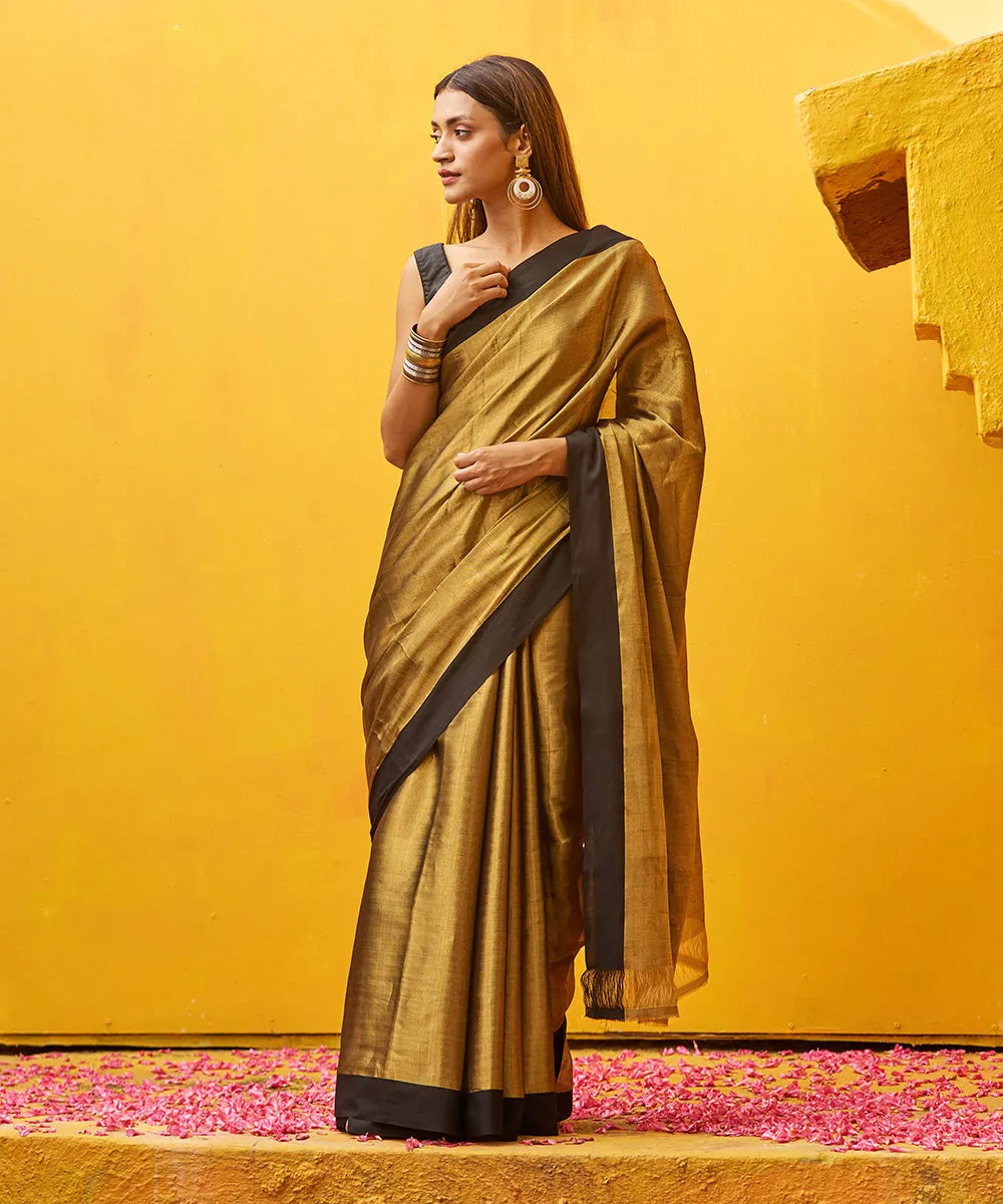 Antique Gold Handloom Tissue Chanderi Saree With Black Border