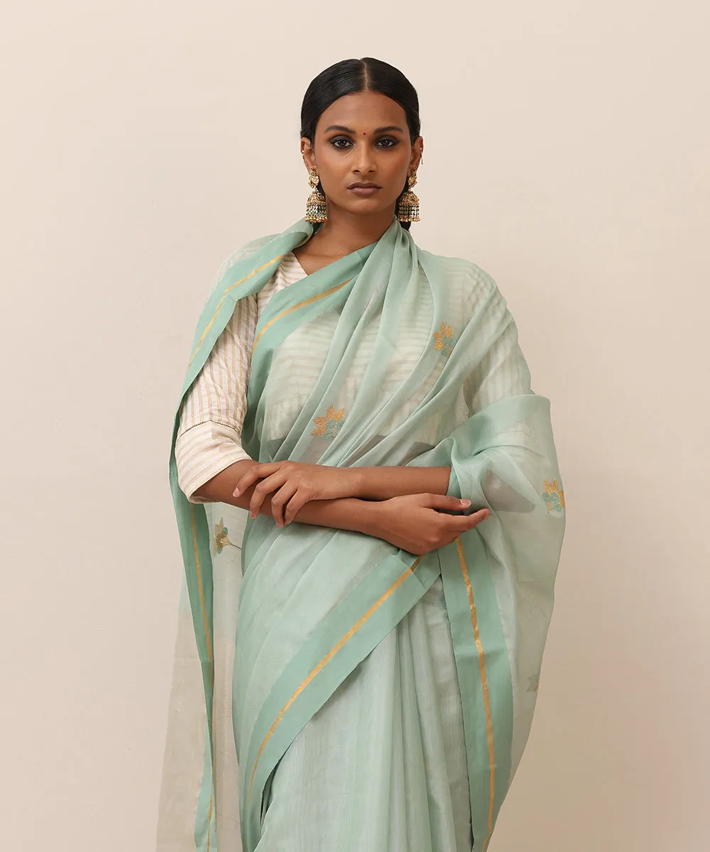 Aqua Blue Handloom Pure Cotton Chanderi Saree With Floral Boota And Border