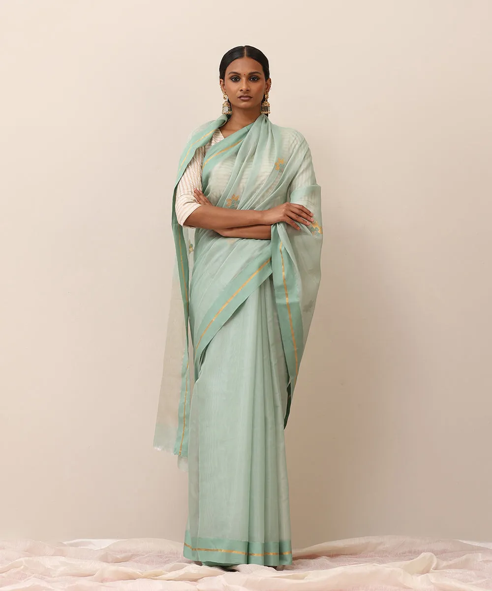 Aqua Blue Handloom Pure Cotton Chanderi Saree With Floral Boota And Border