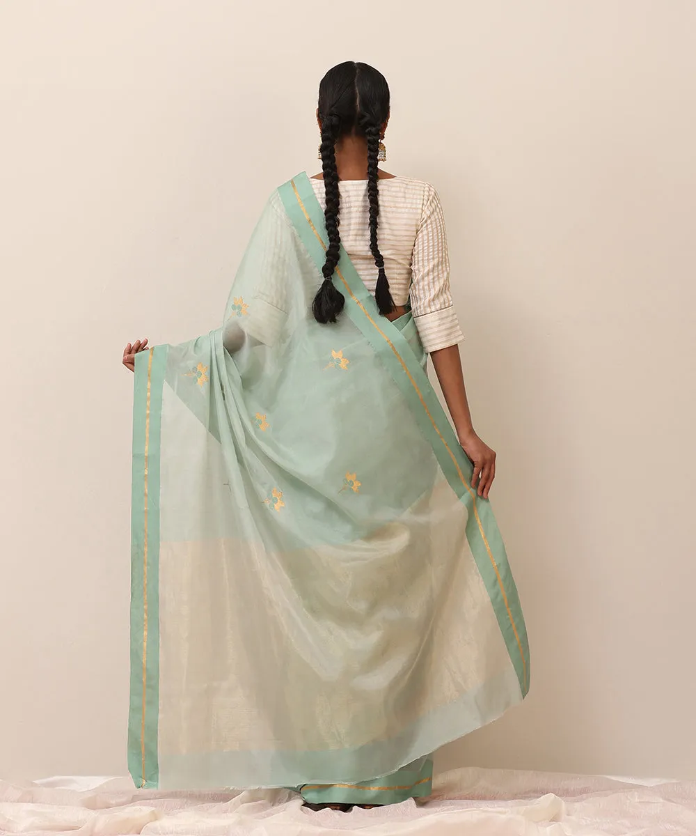 Aqua Blue Handloom Pure Cotton Chanderi Saree With Floral Boota And Border