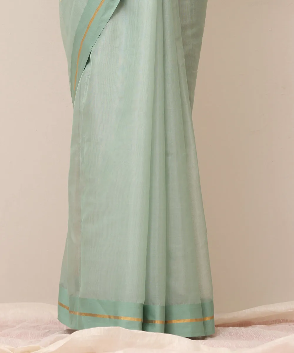 Aqua Blue Handloom Pure Cotton Chanderi Saree With Floral Boota And Border