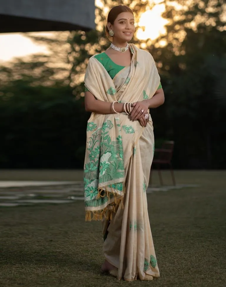 Beige Cotton Woven Sarees