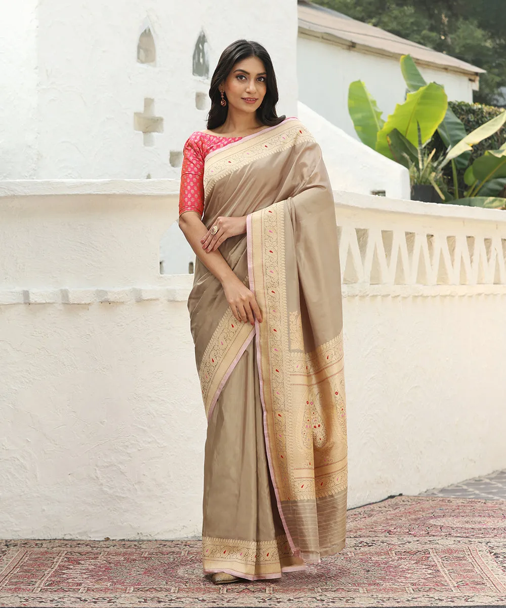 Beige Handloom Pure Katan Silk Plain Banarasi Saree With Konia