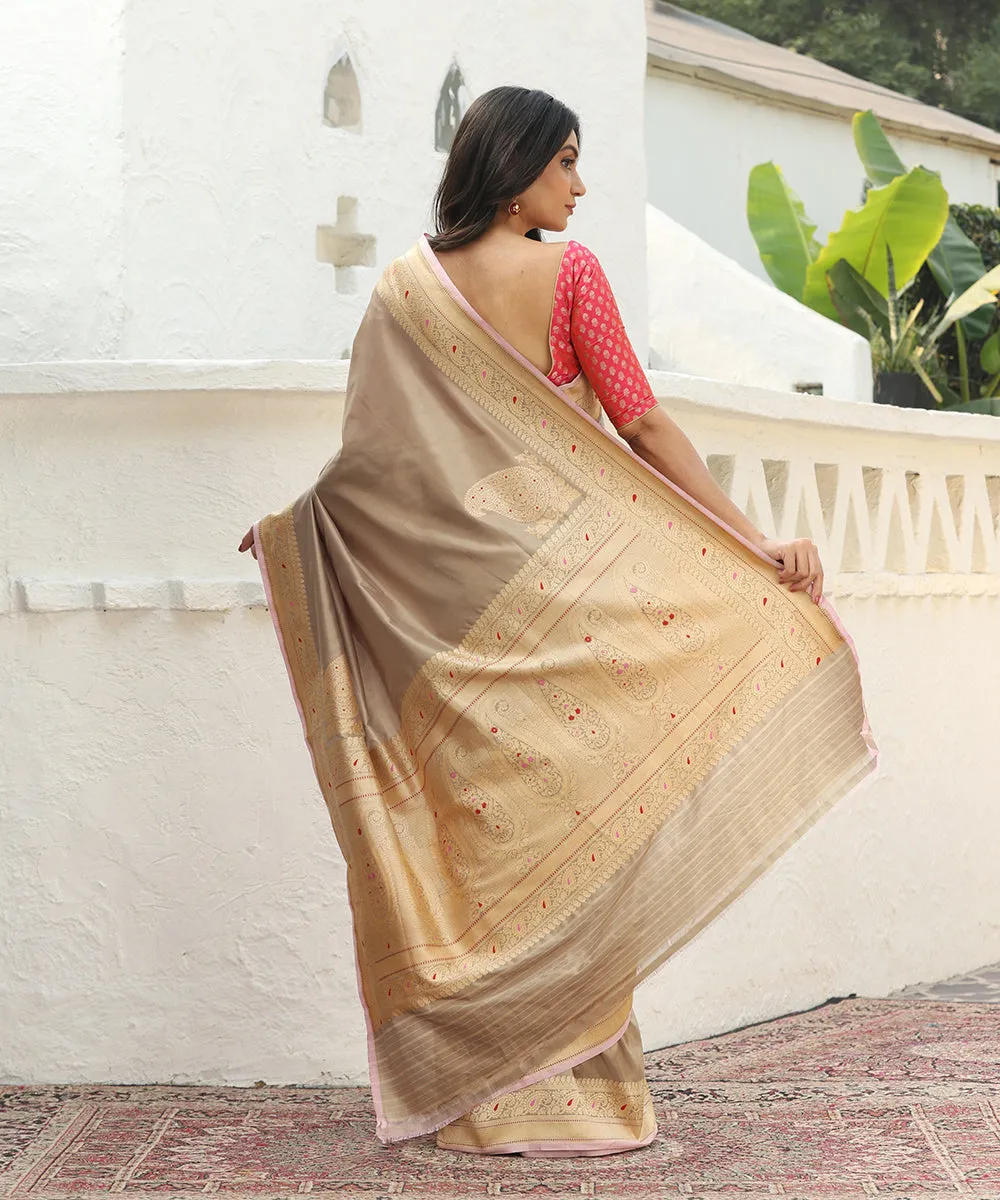 Beige Handloom Pure Katan Silk Plain Banarasi Saree With Konia