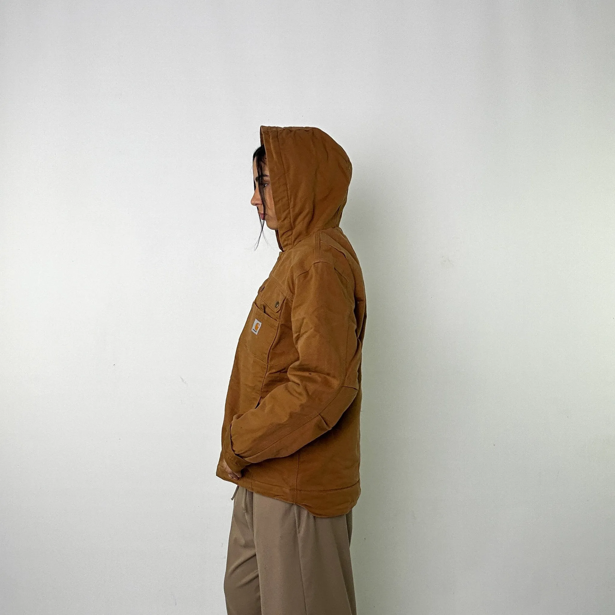 Beige Tan Vintage Carhartt Sherpa Lined Hooded Arctic Deadstock Workwear Jacket Coat (M)