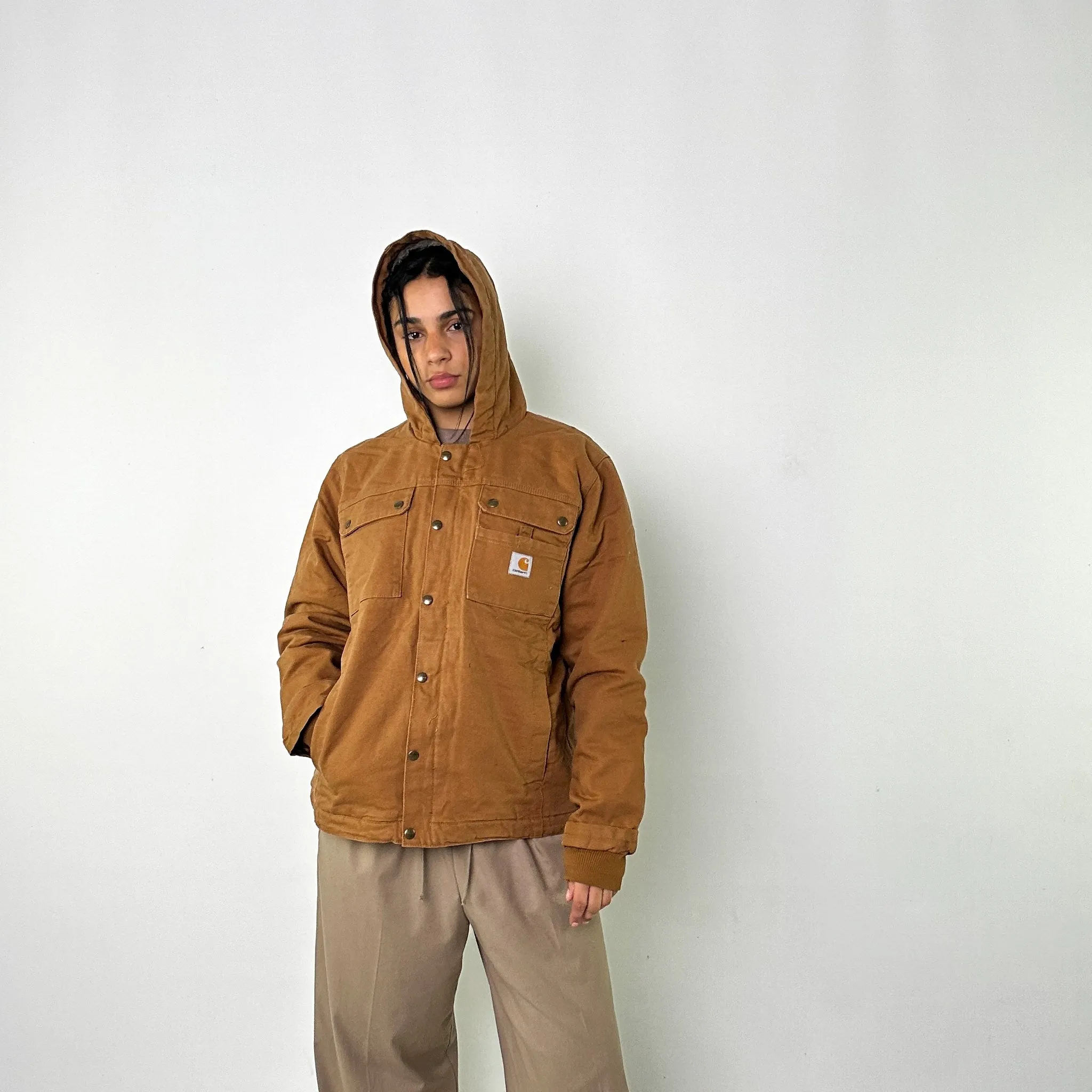 Beige Tan Vintage Carhartt Sherpa Lined Hooded Arctic Deadstock Workwear Jacket Coat (M)