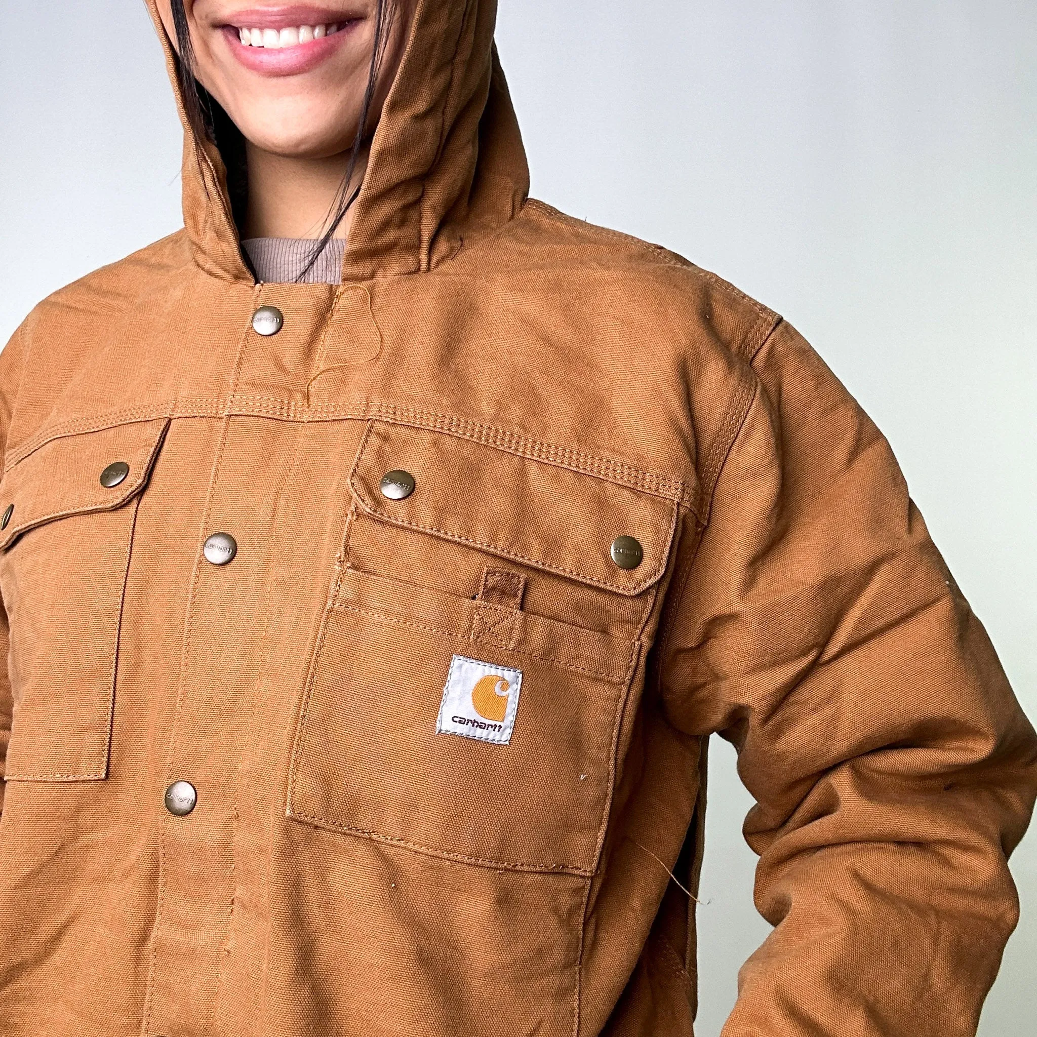 Beige Tan Vintage Carhartt Sherpa Lined Hooded Arctic Deadstock Workwear Jacket Coat (M)