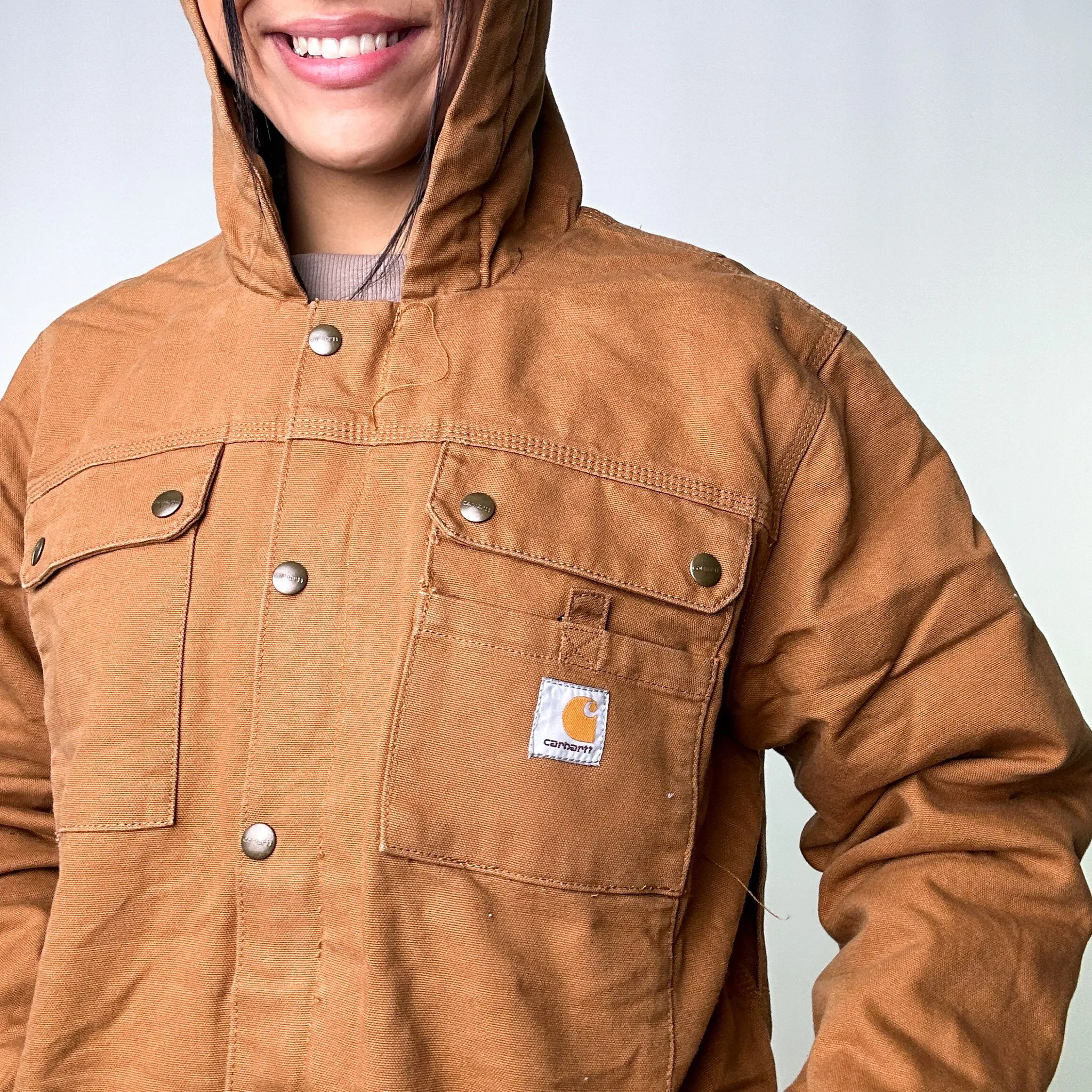 Beige Tan Vintage Carhartt Sherpa Lined Hooded Arctic Deadstock Workwear Jacket Coat (M)