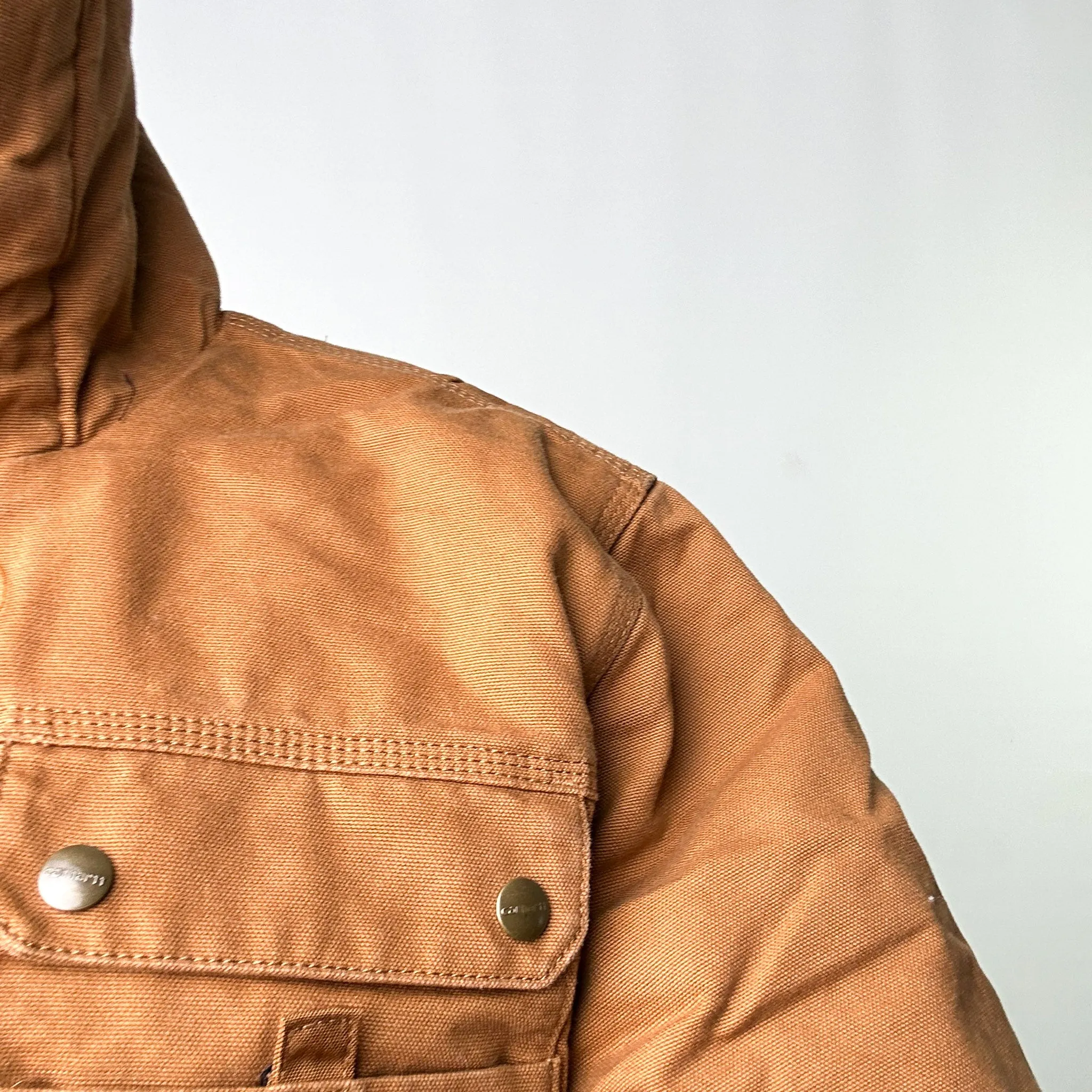 Beige Tan Vintage Carhartt Sherpa Lined Hooded Arctic Deadstock Workwear Jacket Coat (M)