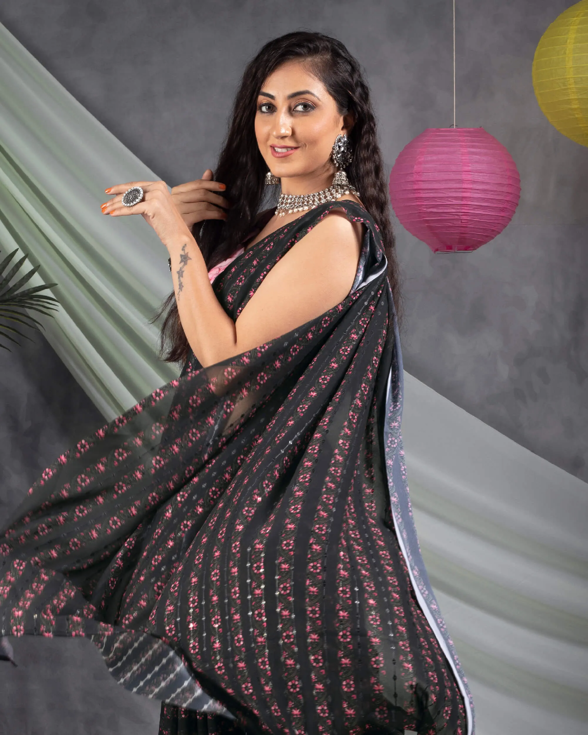 Black And Taffy Pink Stripes Pattern Booti Sequins Embroidery Digital Print Georgette Saree With Tassels