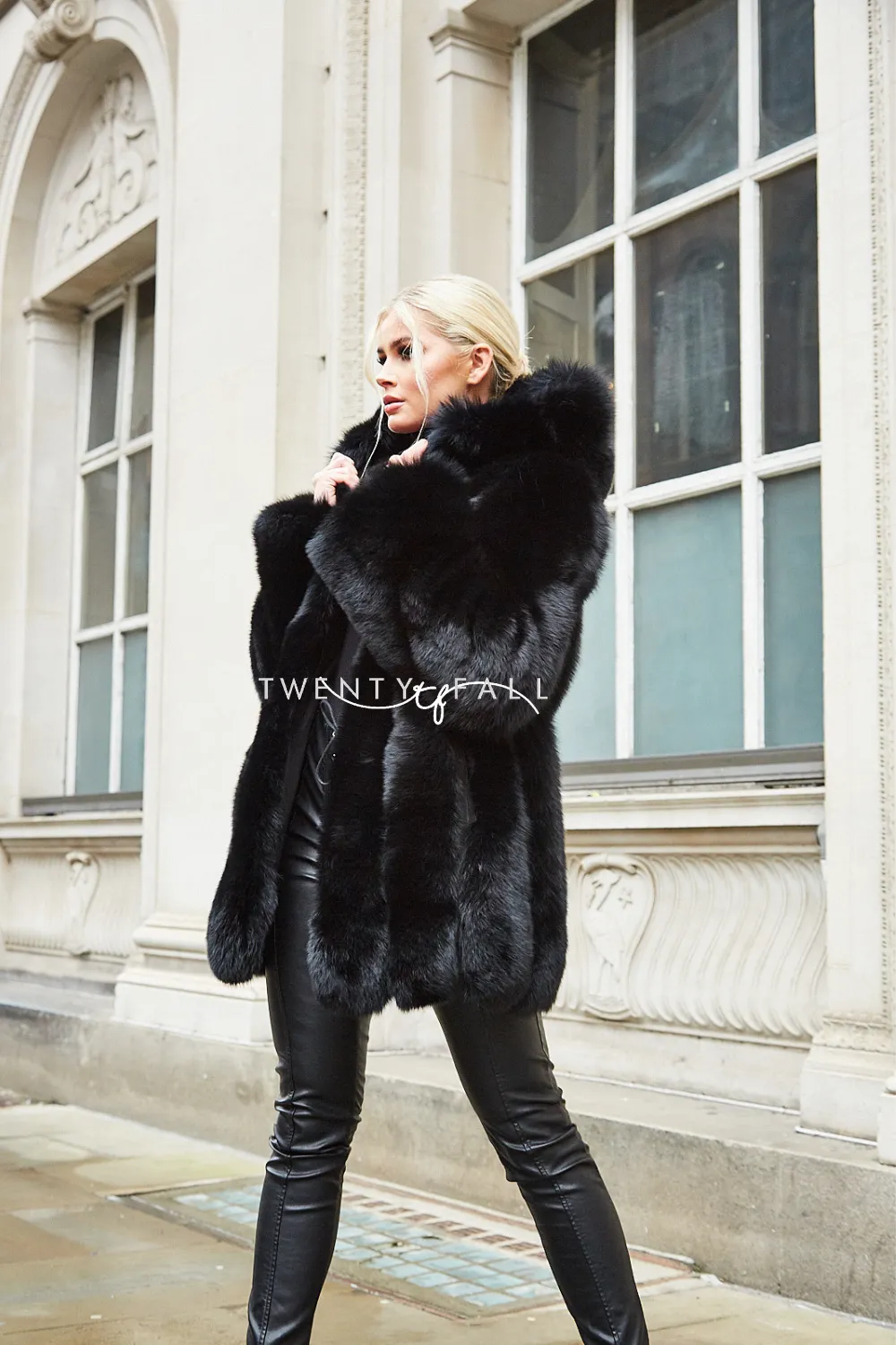 Black Fox Fur Coat with Full Pelt Fur Sleeves and Hood