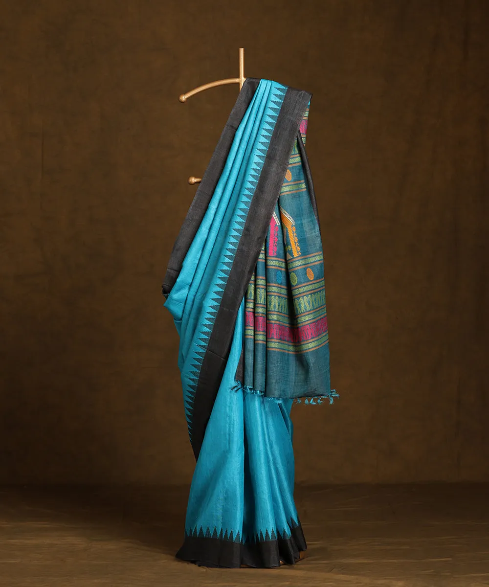 Blue Handloom Pure Kosa Silk Saree With Temple Border And Multicolor Pallu