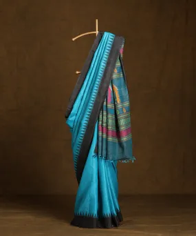 Blue Handloom Pure Kosa Silk Saree With Temple Border And Multicolor Pallu