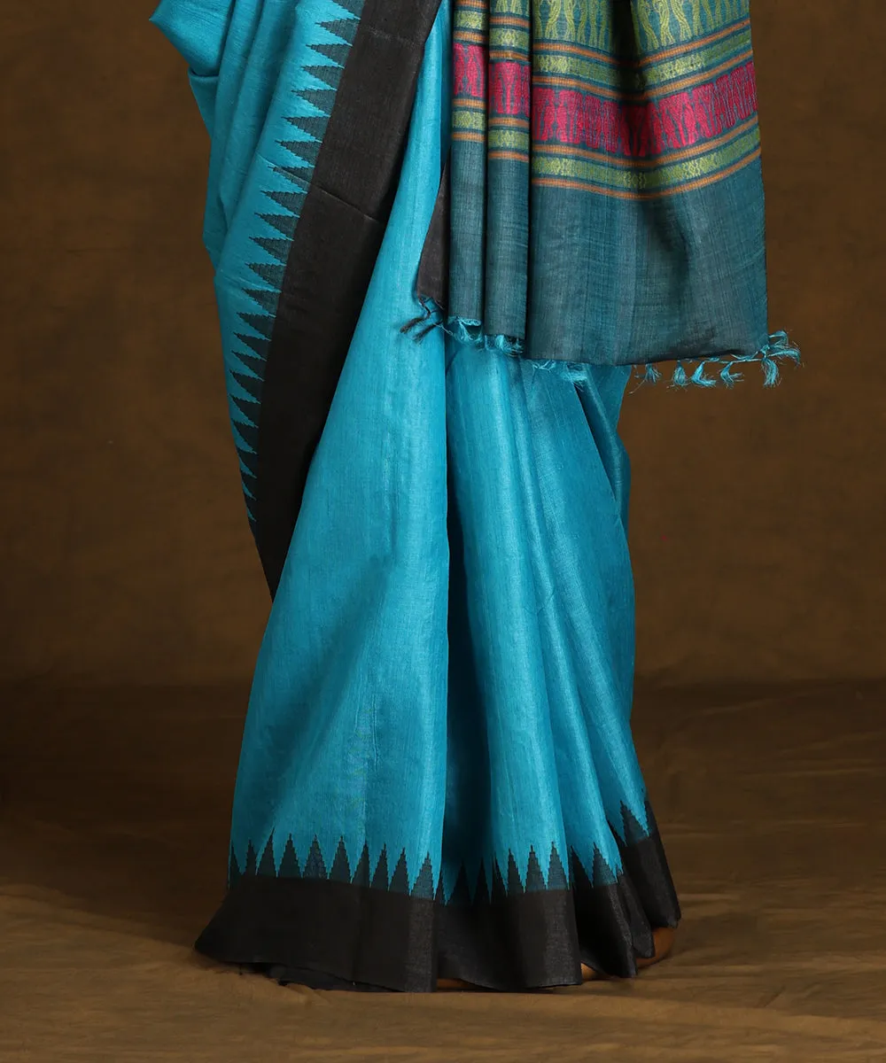 Blue Handloom Pure Kosa Silk Saree With Temple Border And Multicolor Pallu