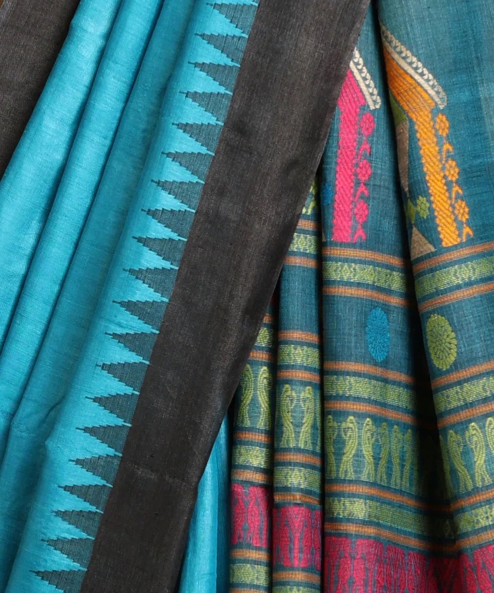 Blue Handloom Pure Kosa Silk Saree With Temple Border And Multicolor Pallu