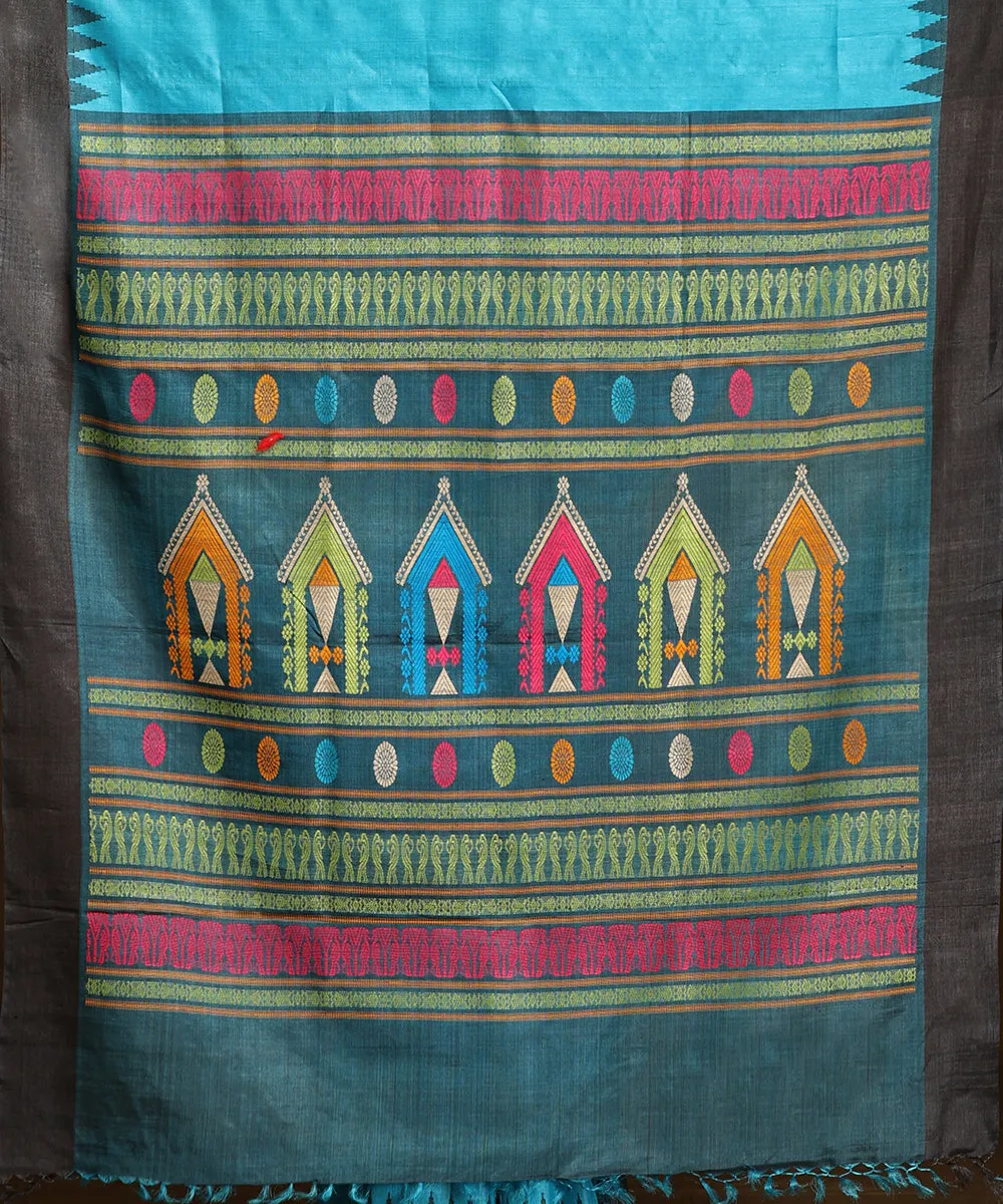 Blue Handloom Pure Kosa Silk Saree With Temple Border And Multicolor Pallu