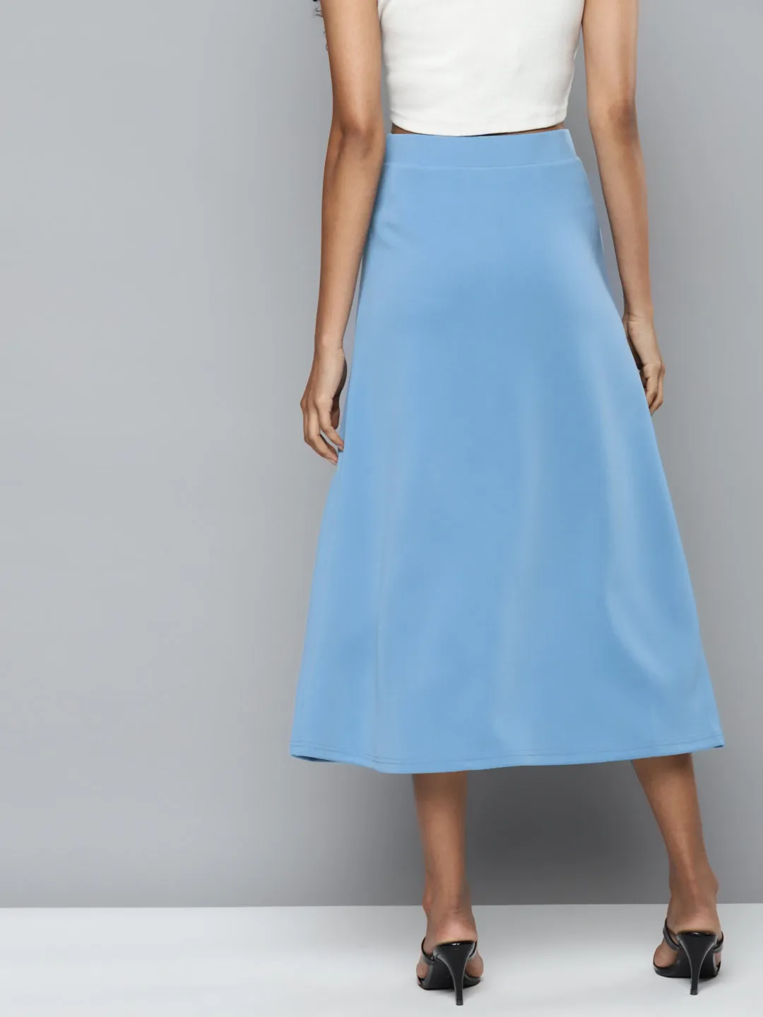 Blue Scuba Front Slit Flared Midi Skirt