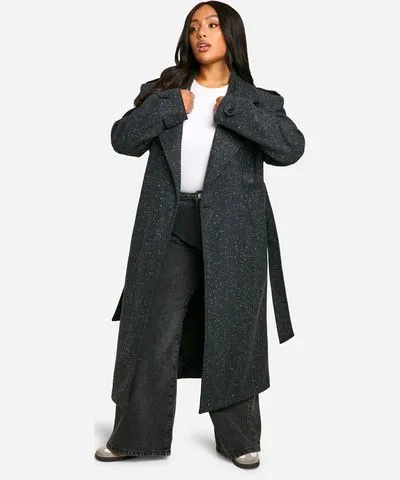 boohoo Womens Plus Textured Wool Look Trench Coat