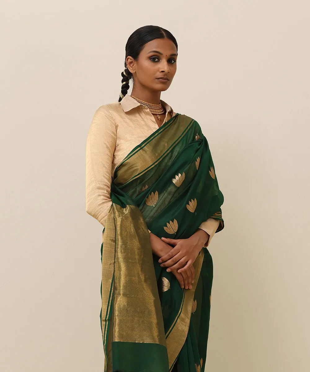 Bottle Green Handloom Pure Cotton Chanderi Saree With Char Patti Boota And Golden Border