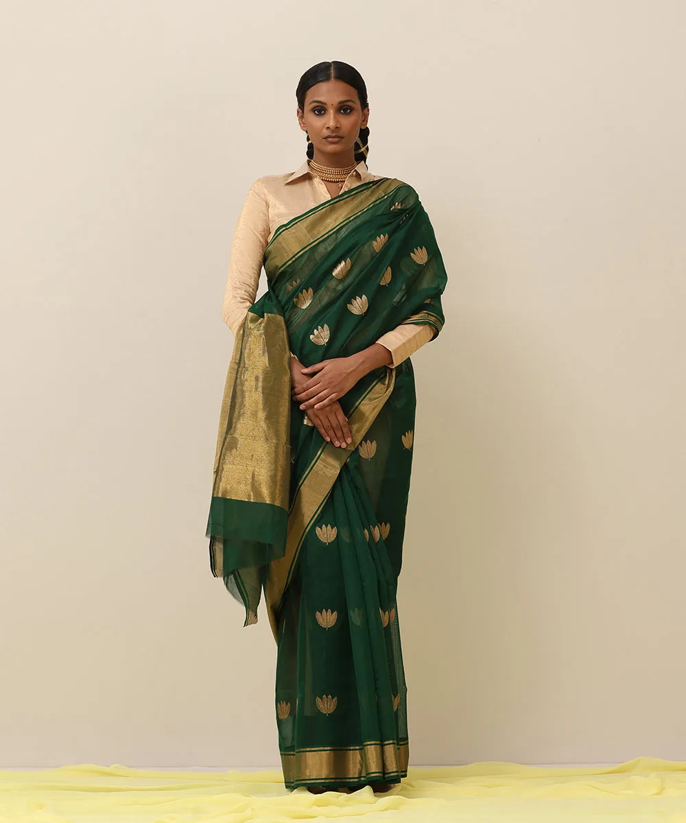 Bottle Green Handloom Pure Cotton Chanderi Saree With Char Patti Boota And Golden Border