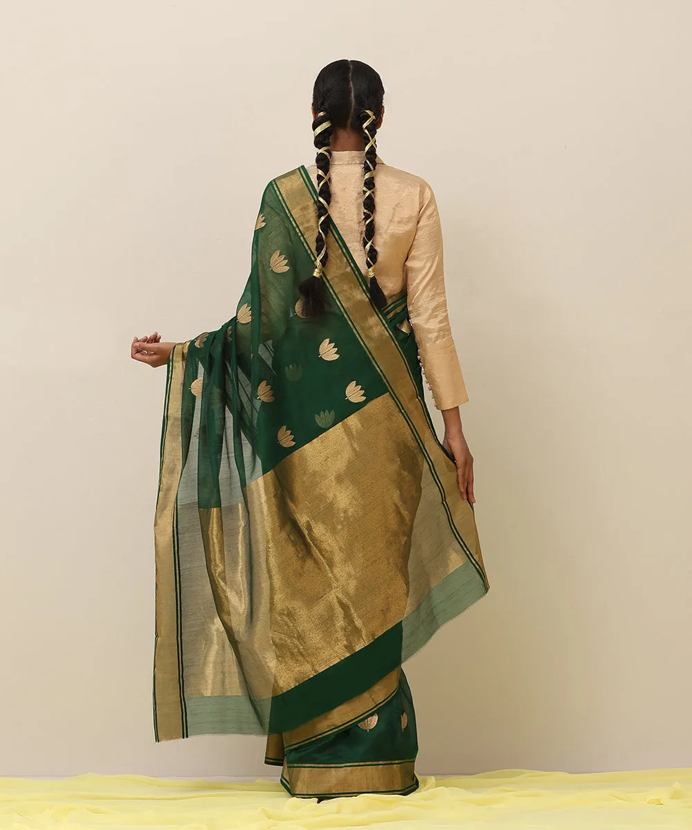 Bottle Green Handloom Pure Cotton Chanderi Saree With Char Patti Boota And Golden Border