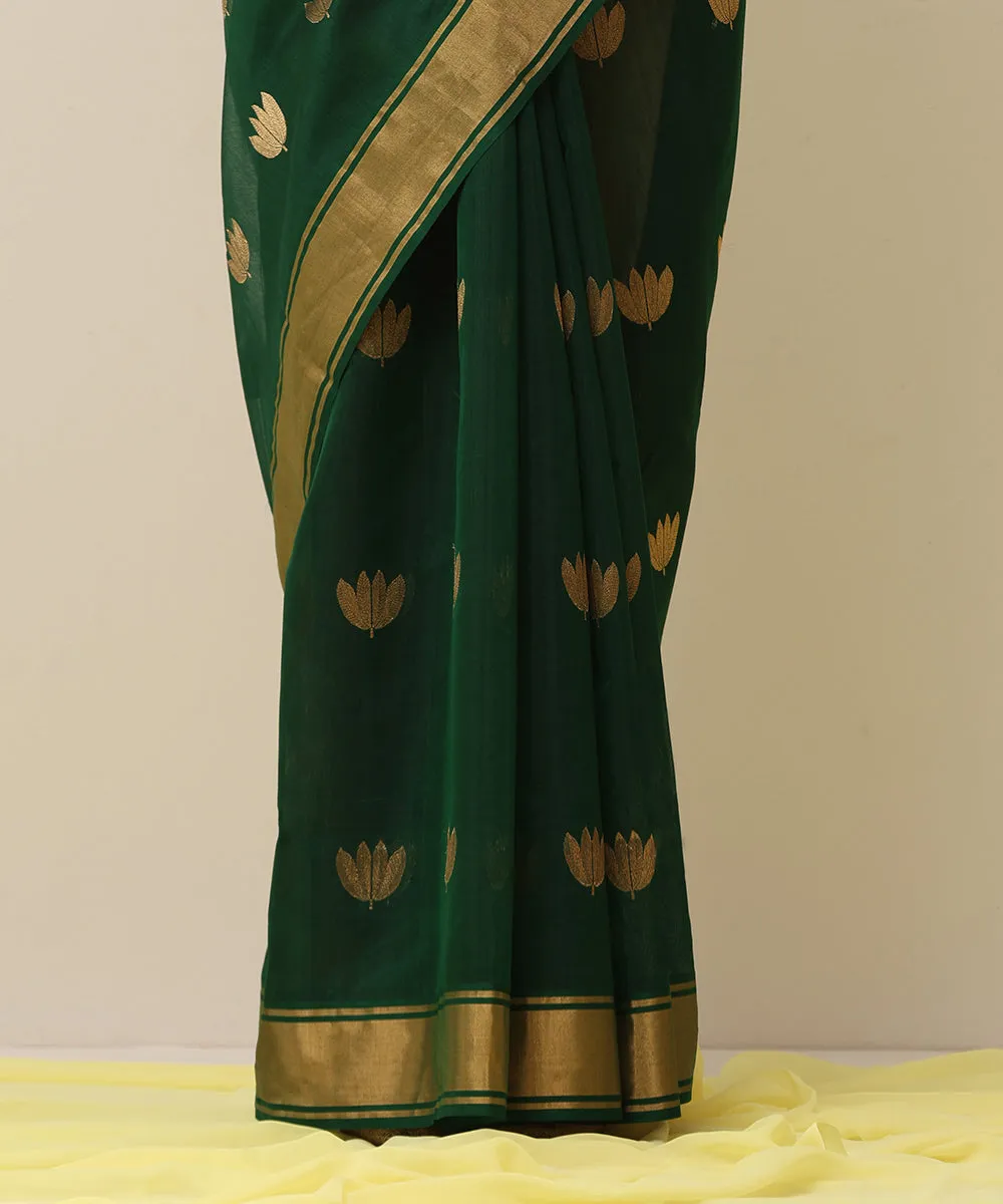 Bottle Green Handloom Pure Cotton Chanderi Saree With Char Patti Boota And Golden Border