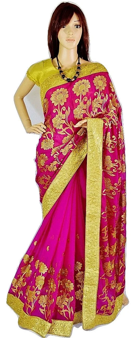 Bright Magenta & Gold Colour With Stone Work Saree