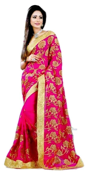 Bright Magenta & Gold Colour With Stone Work Saree