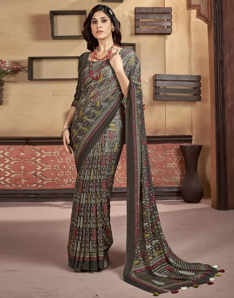 Brown Georgette Printed Sarees