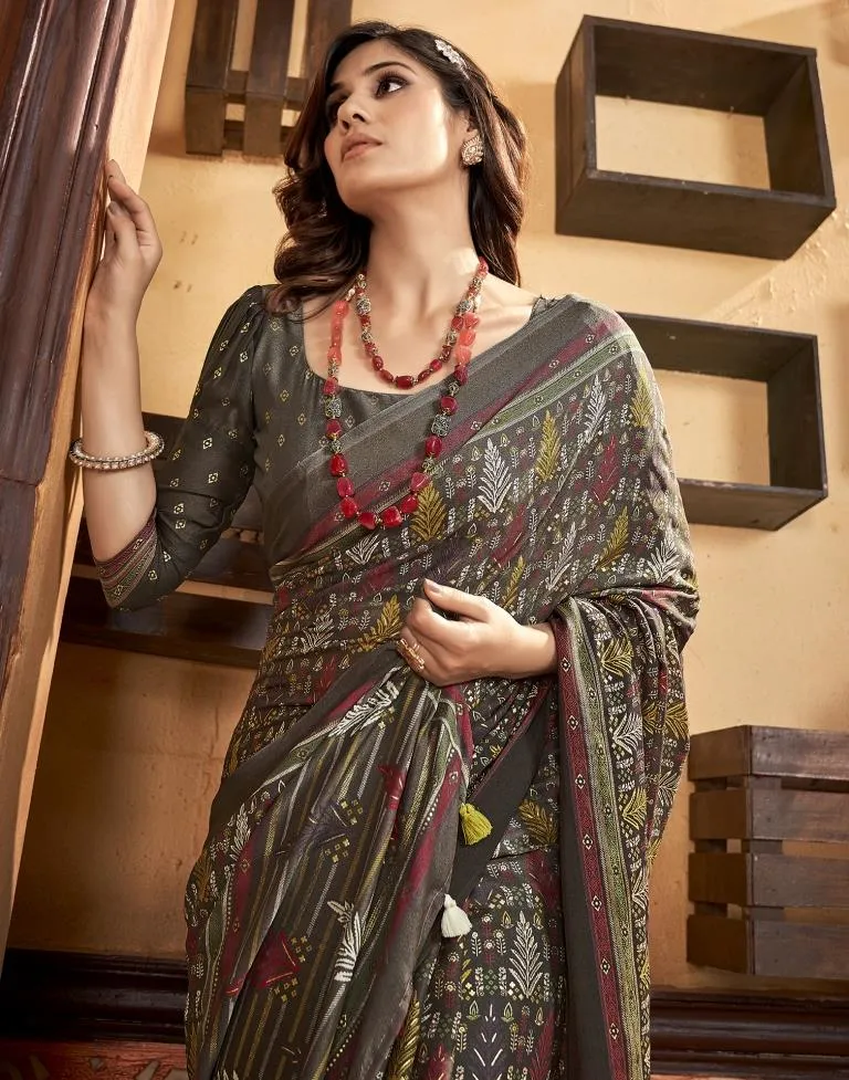 Brown Georgette Printed Sarees