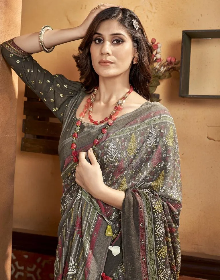 Brown Georgette Printed Sarees