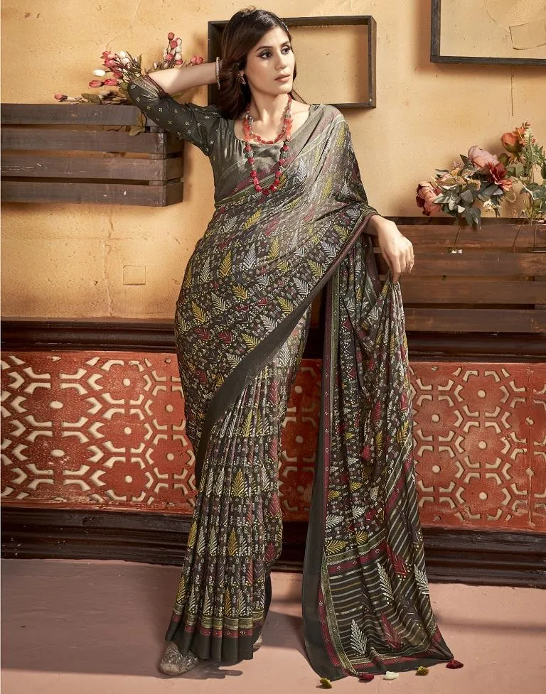 Brown Georgette Printed Sarees