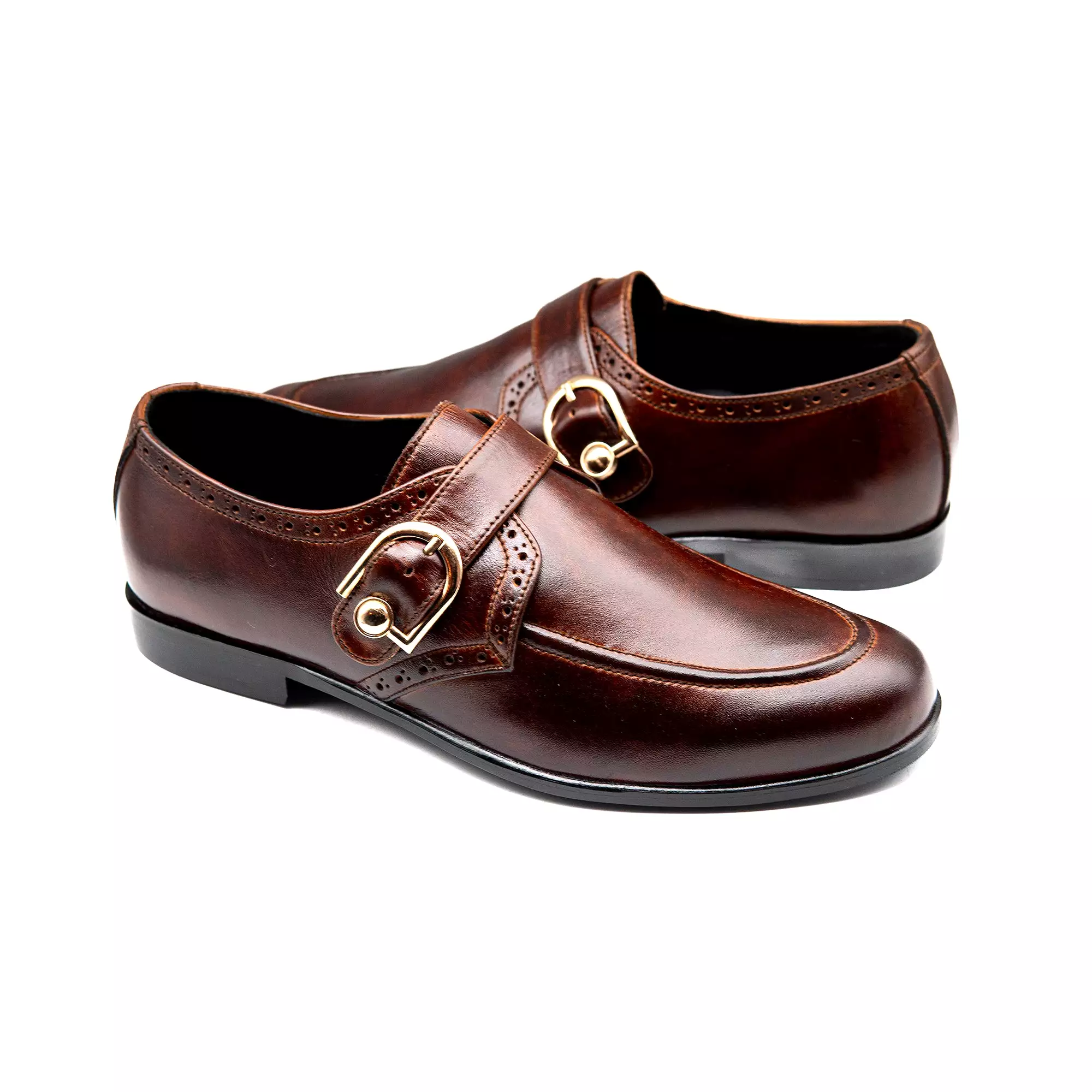 Brown Leather Engraved Monk Executive Shoes