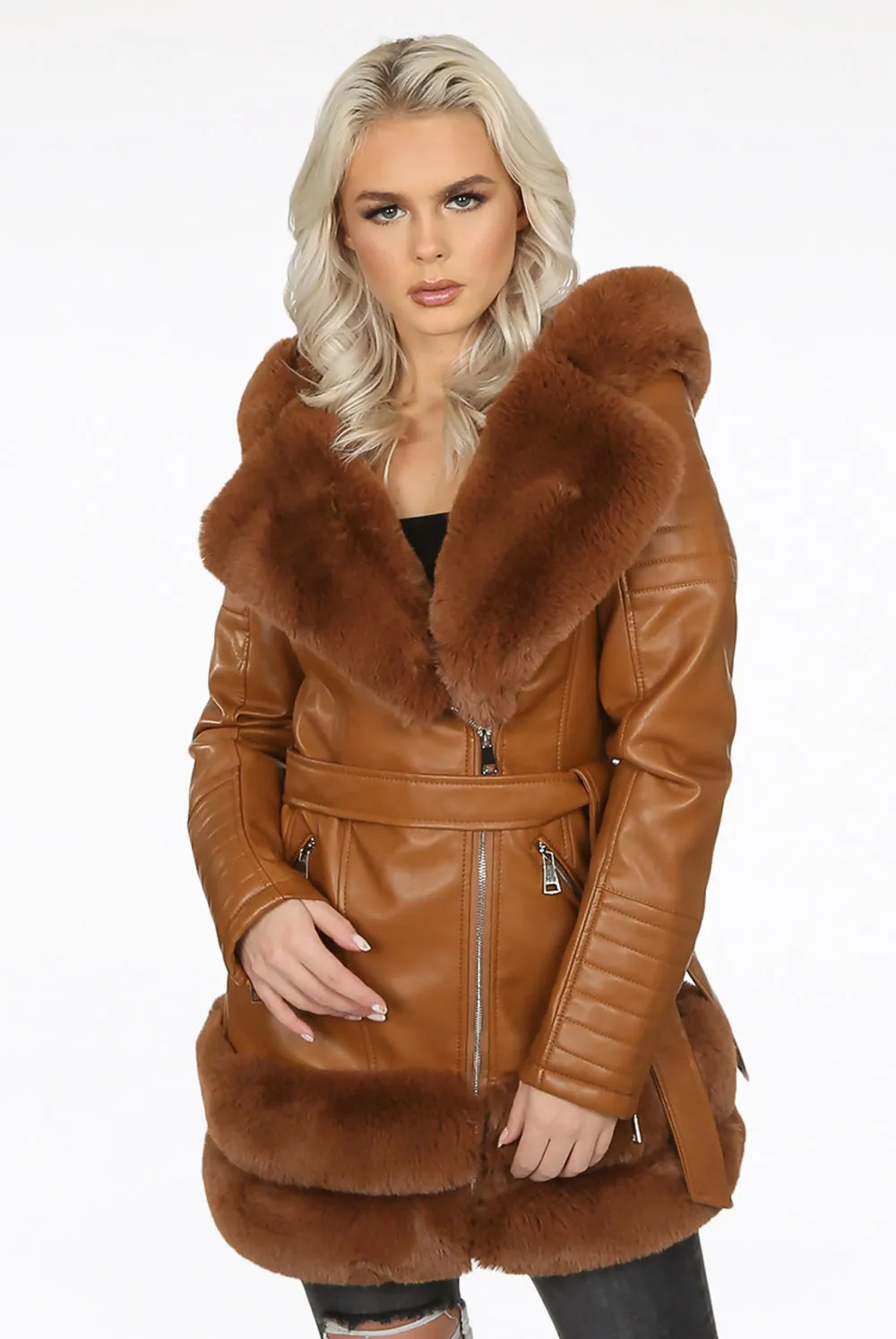 Camel Faux Leather Fur Trim Aviator Coat