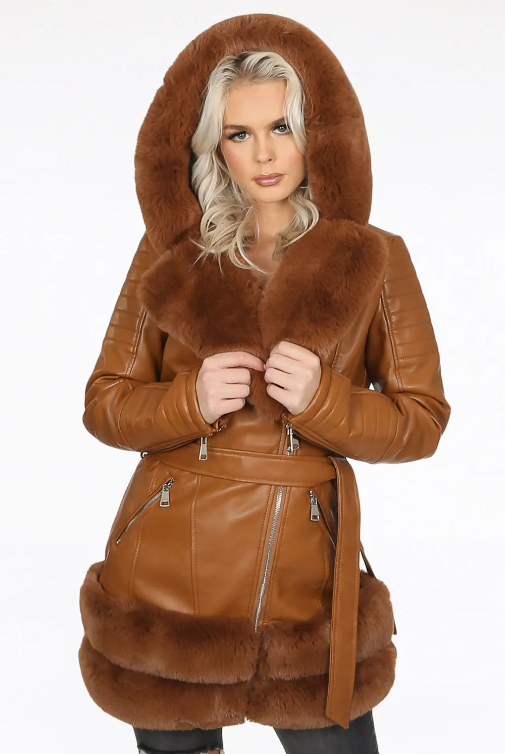 Camel Faux Leather Fur Trim Aviator Coat