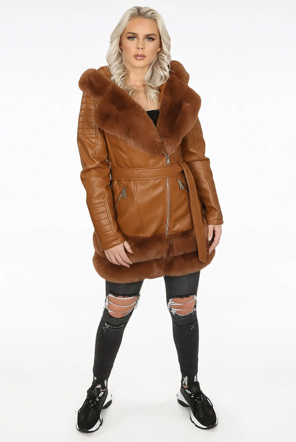 Camel Faux Leather Fur Trim Aviator Coat