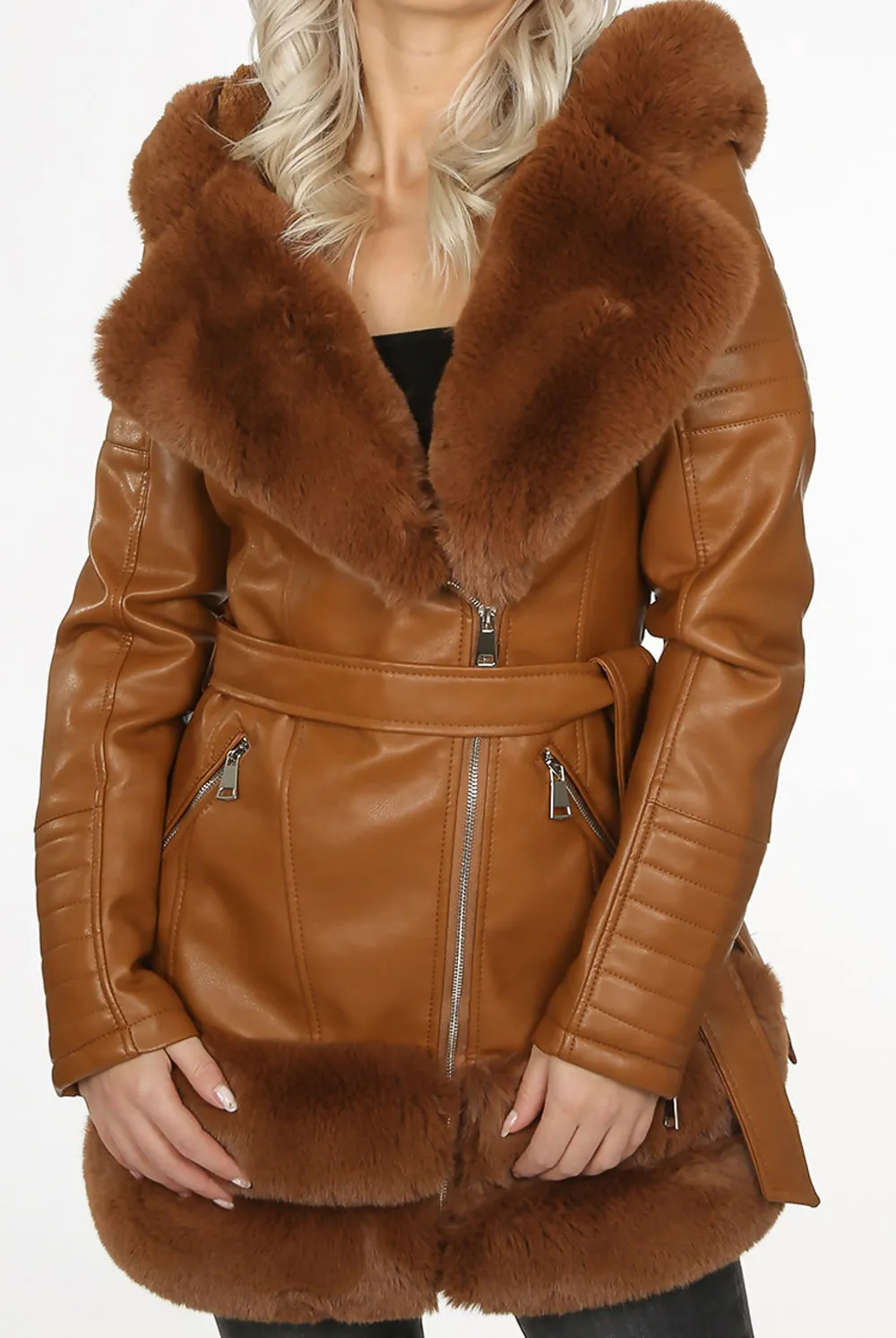 Camel Faux Leather Fur Trim Aviator Coat