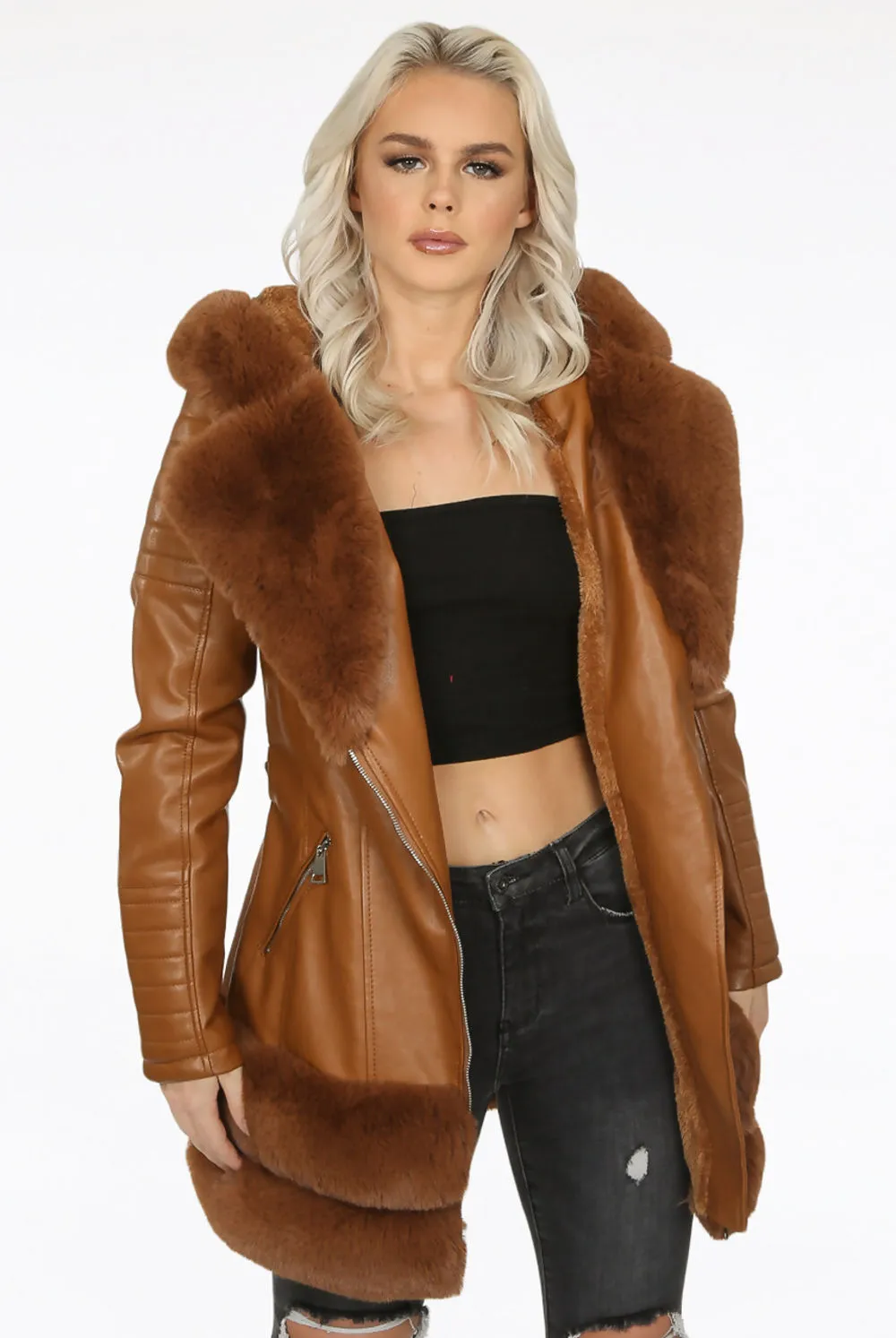 Camel Faux Leather Fur Trim Aviator Coat