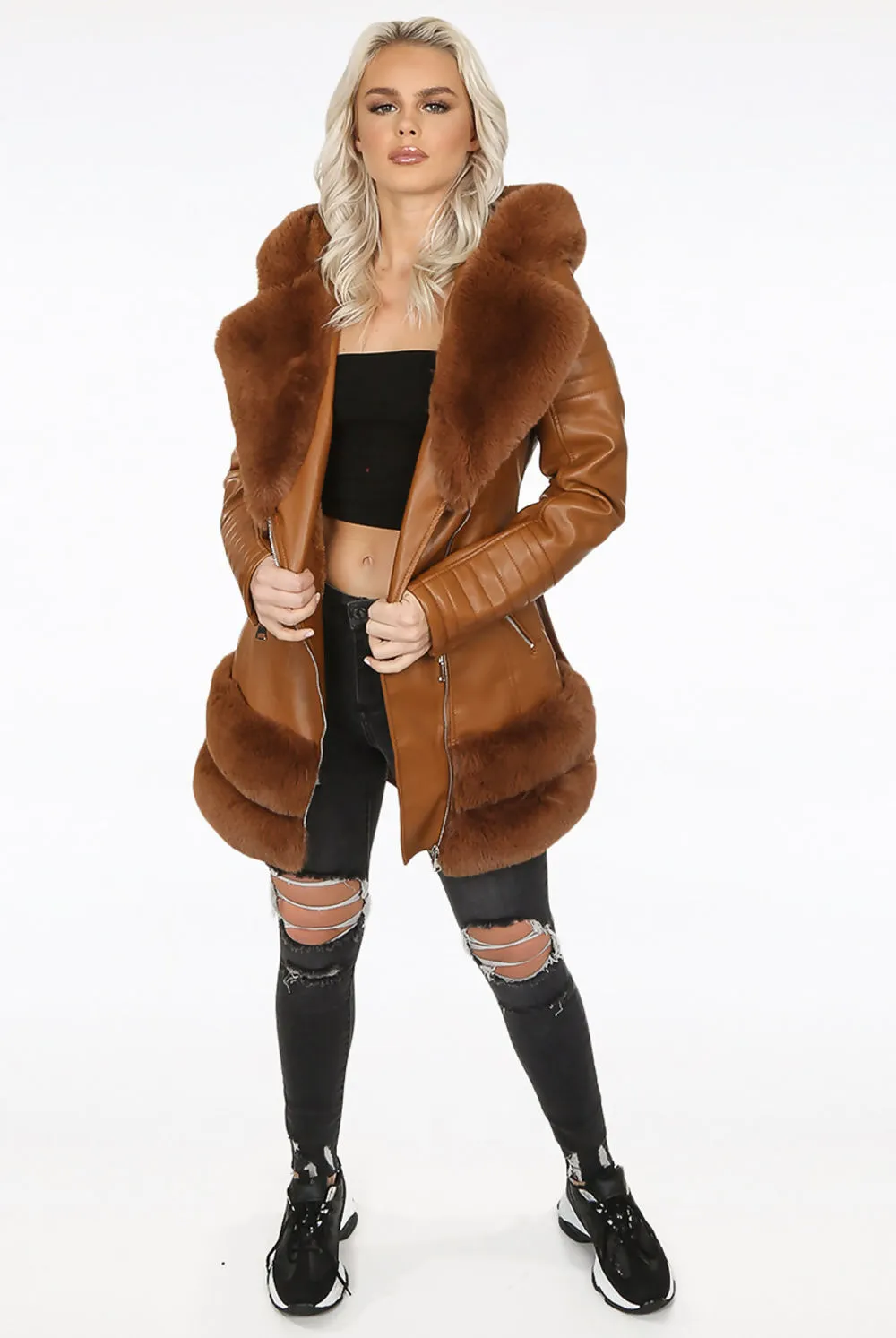 Camel Faux Leather Fur Trim Aviator Coat