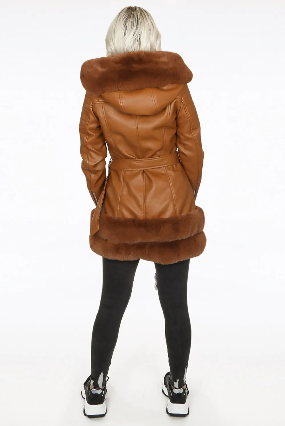 Camel Faux Leather Fur Trim Aviator Coat