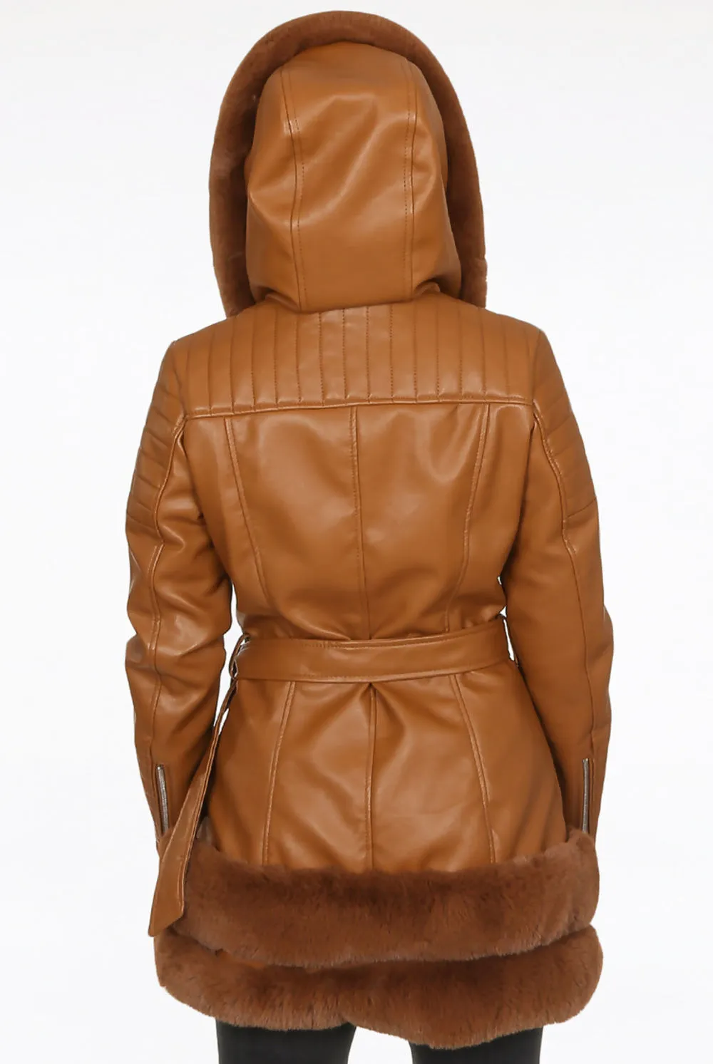 Camel Faux Leather Fur Trim Aviator Coat