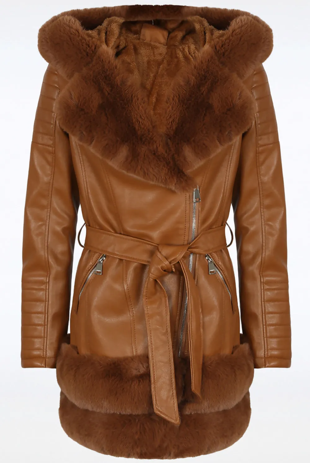 Camel Faux Leather Fur Trim Aviator Coat