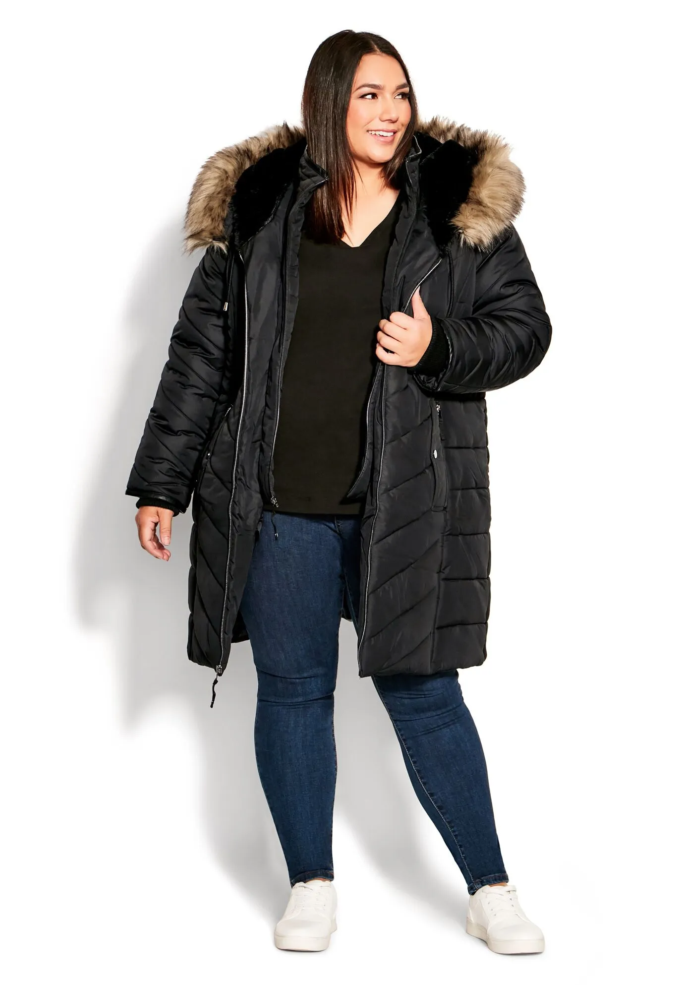 Chevron Faux Fur Hood Long Puffer Coat