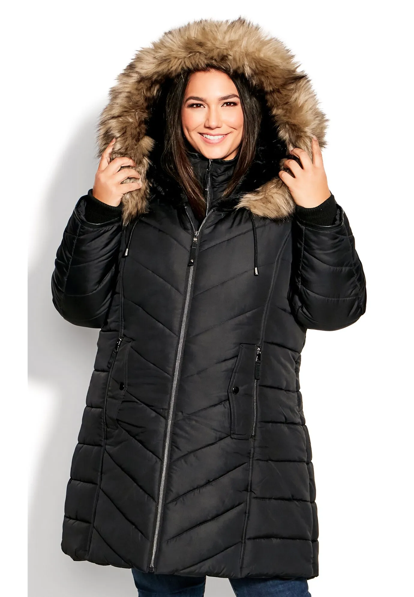 Chevron Faux Fur Hood Long Puffer Coat