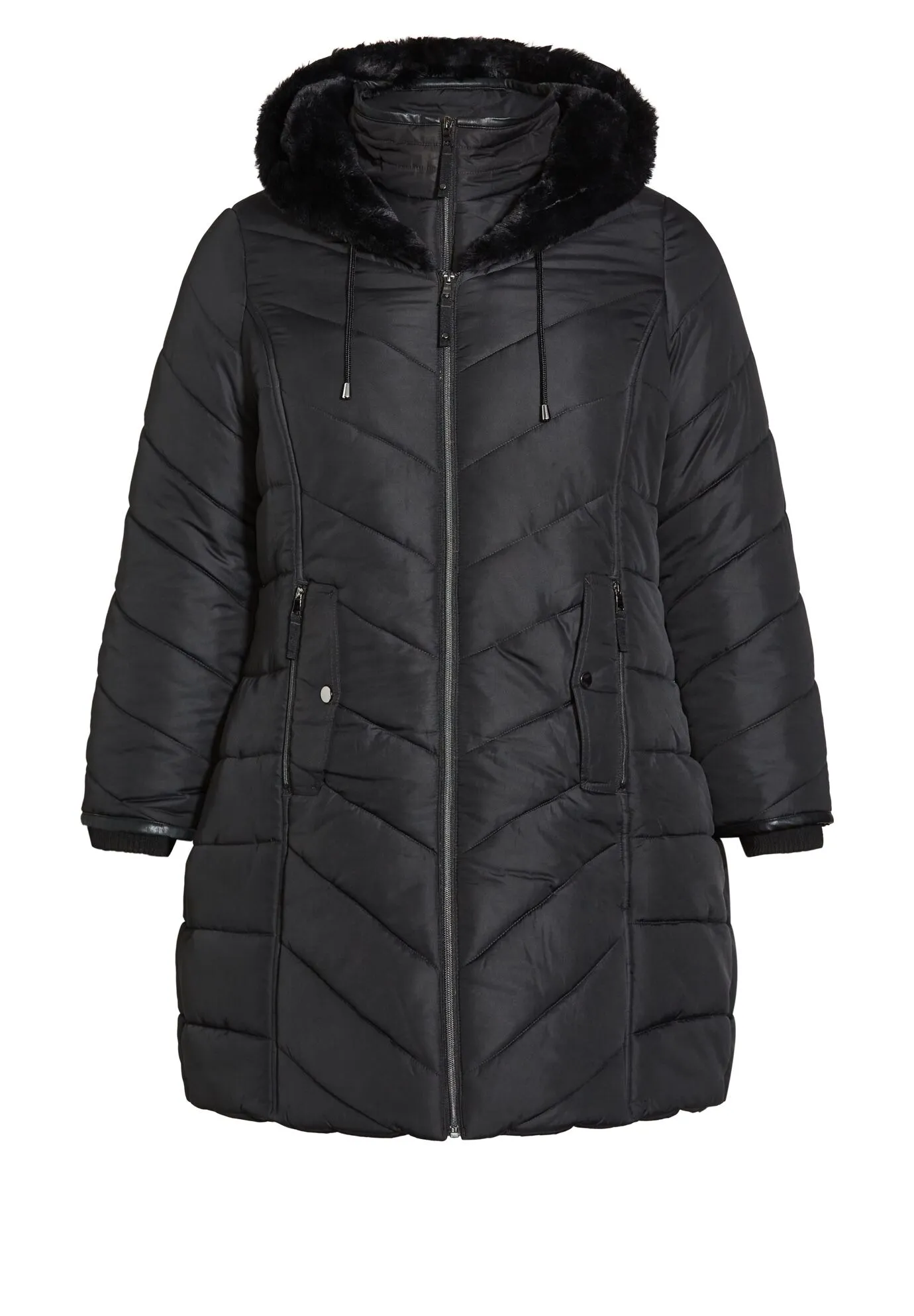 Chevron Faux Fur Hood Long Puffer Coat