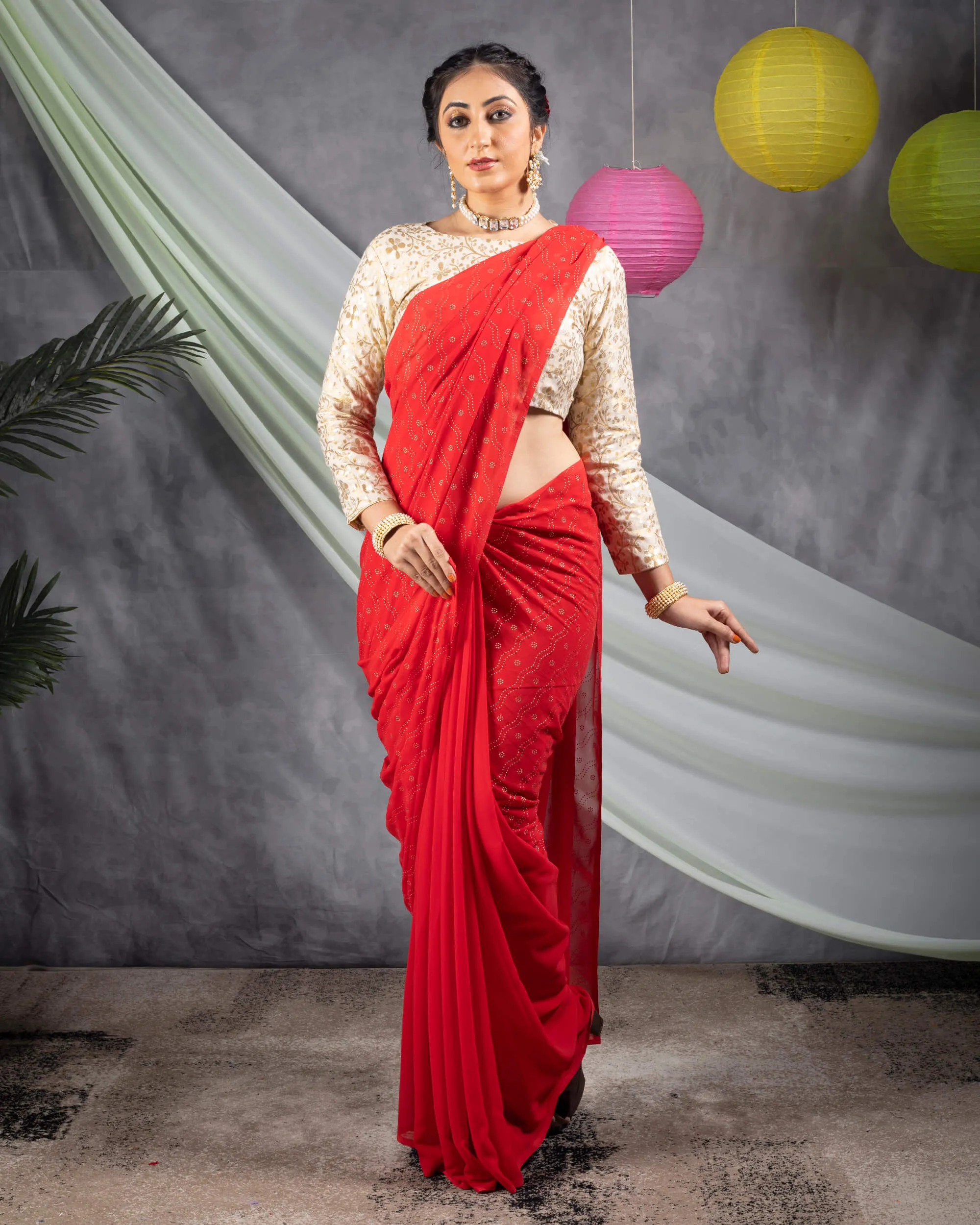 Chilli Red Leheriya Golden Dew Drops Georgette Saree