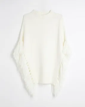 Cream Knit Tassel Poncho