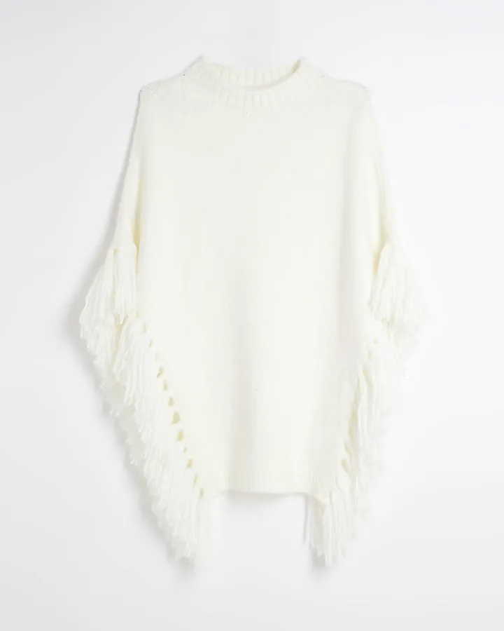 Cream Knit Tassel Poncho